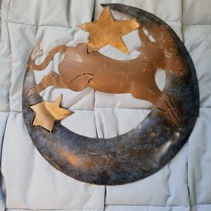 Cow with horns jumping over moon. Wall art gold brown blue. 14 inches